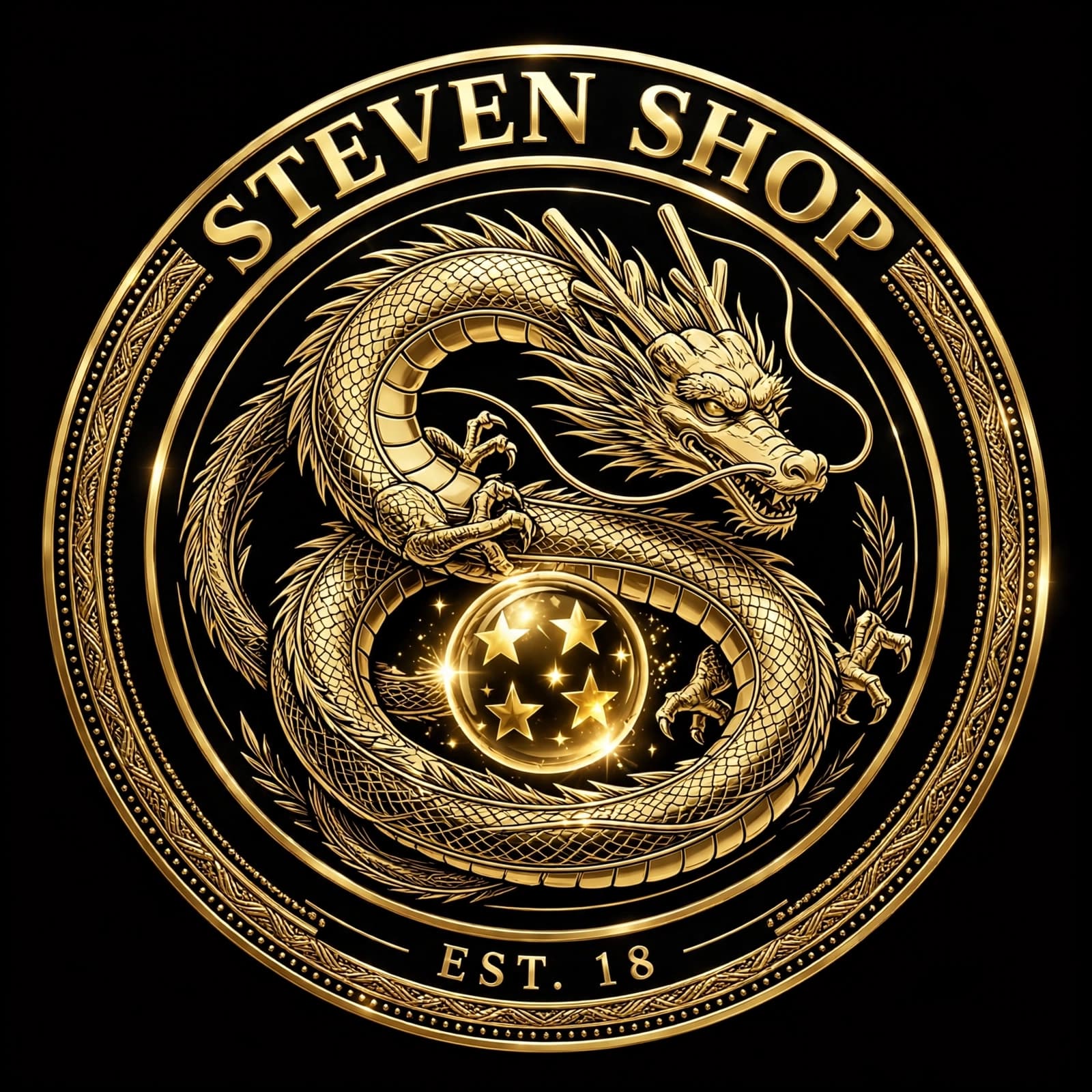 Emblema gráfico circular Steven Shop con dragón dorado